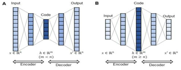 오토인코더의 구조. A는 전형적인 오토인코더 (코드 계층에서의 차원이 입력,출력 보다 더 적은 구조)이며, B는 overcomplete 오토인코더 (코드 계층에서의 차원이 입력, 출력보다 더 큰 구조임