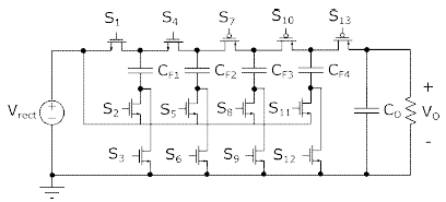 프로그래밍 가능한 변환 비율 ni = (2, 3, 4, 5)를 갖는 재구성 가능한 스텝 업 Dickson 컨버터의 회로도