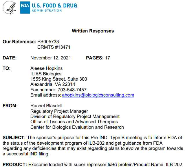 FDA pre-IND 미팅의 written response