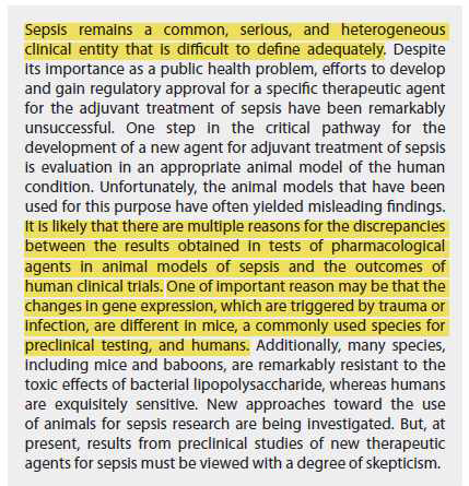 패혈증 치료제 개발의 한계점 관련 논문 발췌