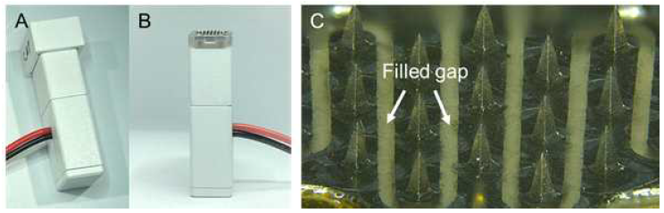 제작된 전기천공 마이크로니들 시작품(A, B)과 마이크로니들의 확대 사진(C)