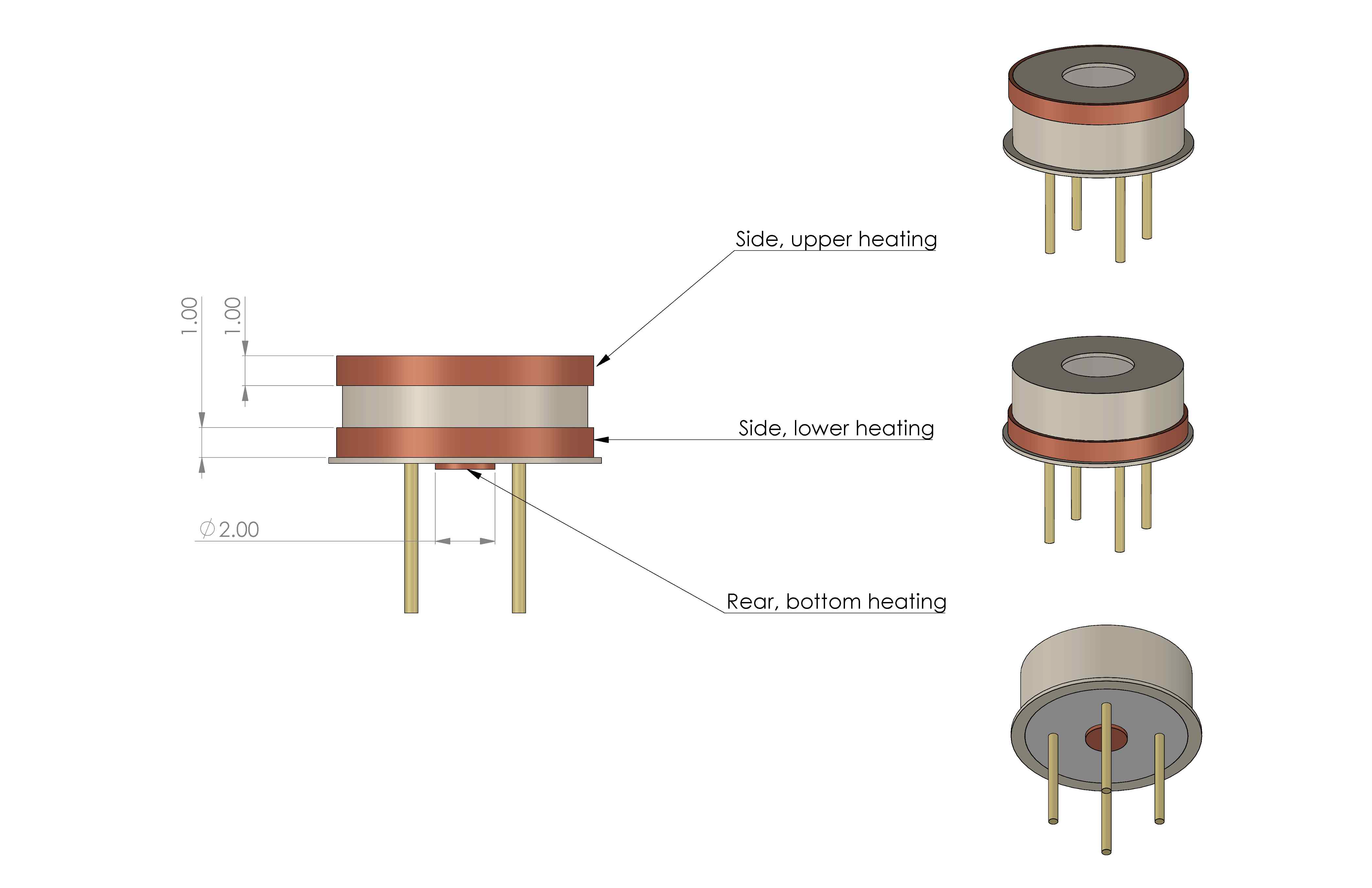 Locations of the heating element compared in the numerical analysis