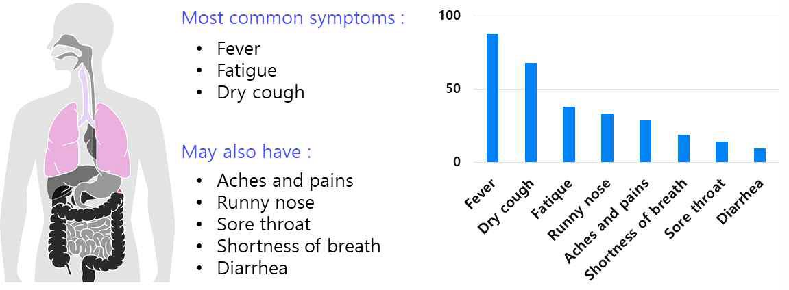 MERS 및 SARS, Covid-19와 같은 급성 호흡기 증후군에서 나타나는 주요 공통 증상. 특히 Covid-19의 경우 다른 증상들보다 발열이 가장 먼저 발생한다는 것이 최근까지 밝혀진 사실임(출처 : Frontiers in Public Health)