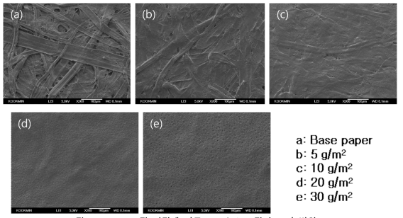 코팅 평량에 따른 PHB/EC 코팅지 표면 변화