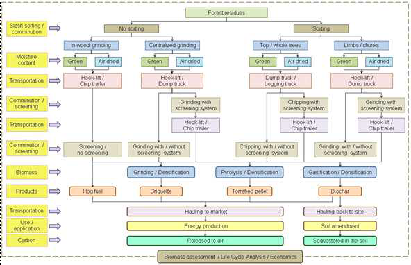 국외 미이용 산림바이오매스의 최종산물별 생산 체계도 (Han et al., 2019)