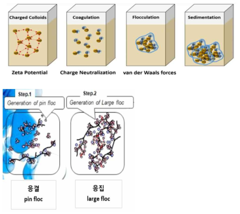 응집제의 응결 및 응집 원리 모식도