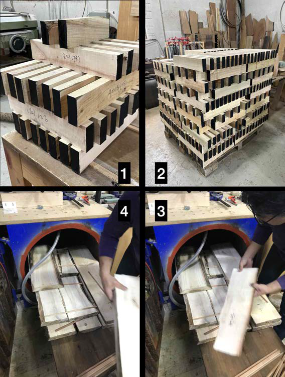 공인재감 제작 과정: (1, 2) 재단 후 건조, (3, 4) 진공가온 건조