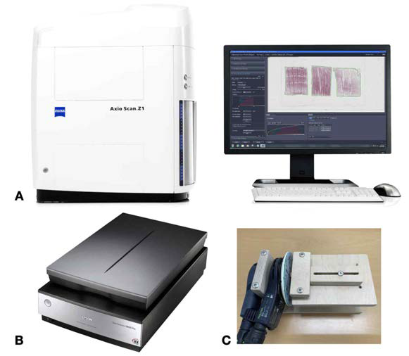 (A) 슬라이드 스캐닝 시스템, (B) 목재 표면 이미징용 평판형 스캐너, (C) 소형 시편 샌딩 장치. 소형 시편의 횡단면 처리를 위해 제작한 장치