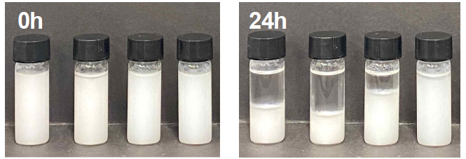 나노입자 코팅용액의 24시간 후 분산안정성 평가 (왼쪽부터T/H-1, 2, 3, 4)
