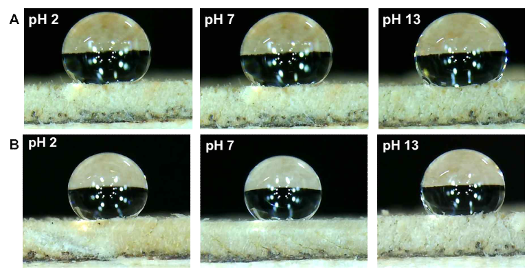 셀룰로오스 나노섬유 첨가 전 후의 pH에 따른 접촉각 평가 (A) 첨가 전, (B) 첨가 후