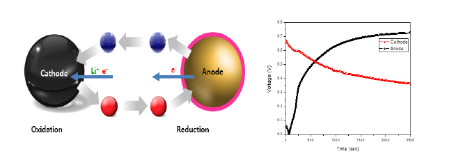 전지복원 반응기작 예상 반응 (좌), 복원 반응 중 양/음극 전압 곡선 (3전극 전기화학 시스템) (우)