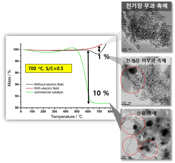 전기장 부과 유무에 따른 전도성 니켈 폼 촉매와 상용 촉매의 TGA 그래프 및 TEM 이미지