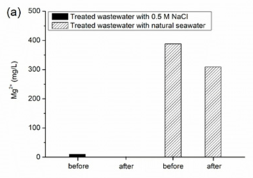 하수처리수 수전해 전후: 마그네슘 양이온 농도 비교