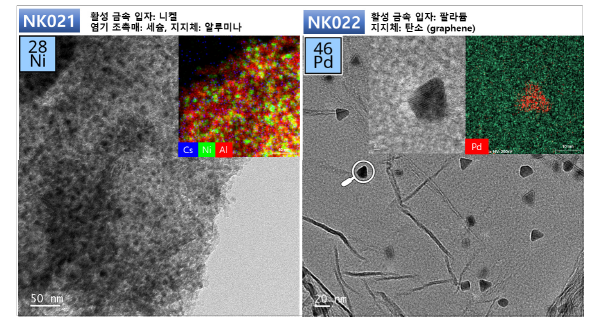 자동화 장치를 통해 합성된 고분산 촉매 TEM 이미지 (NK021: Cs-Ni/Al2O3, NK022: Pd/Single layer graphene)