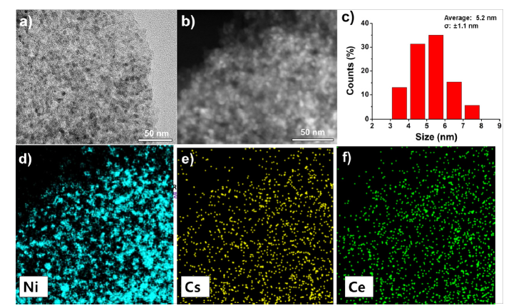 자동화 과정을 통해 합성 바이오가스 개질용 니켈계 나노 촉매에 대한 (a-c) TEM 이미지 및 입도 분포도, (d-f) 원소 맵핑 분석 결과