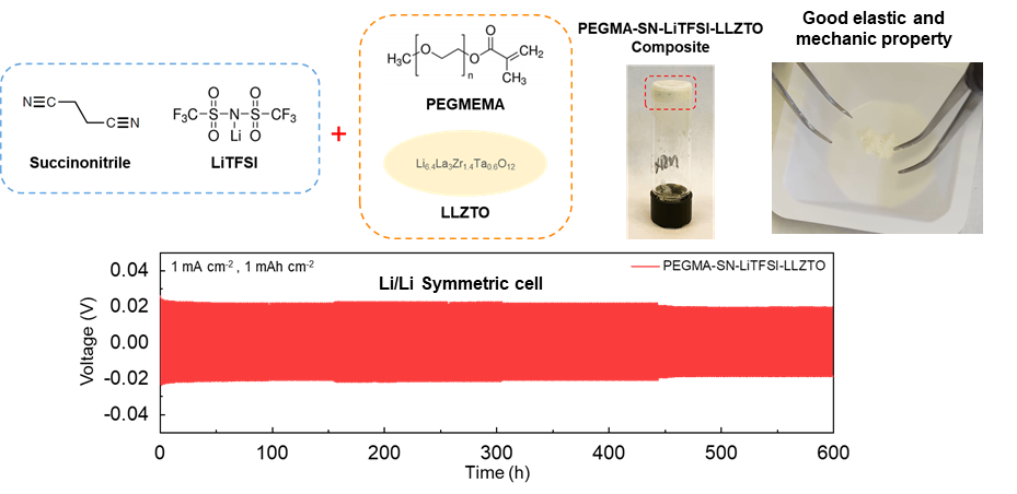 PEGMA-SN-LiTFSI-LLZTO 고체 전해질 및 대칭셀 분석 결과