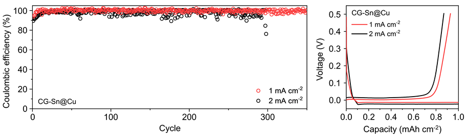 CG-Sn@Cu 셀 Li plating/stripping 수명성능 및 충방전 profile