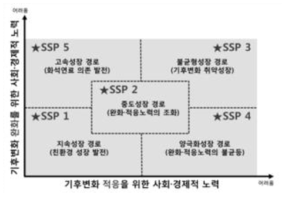 기후변화 적응 및 완화 노력에 따른 공통사회경제경로(SSP) 구분