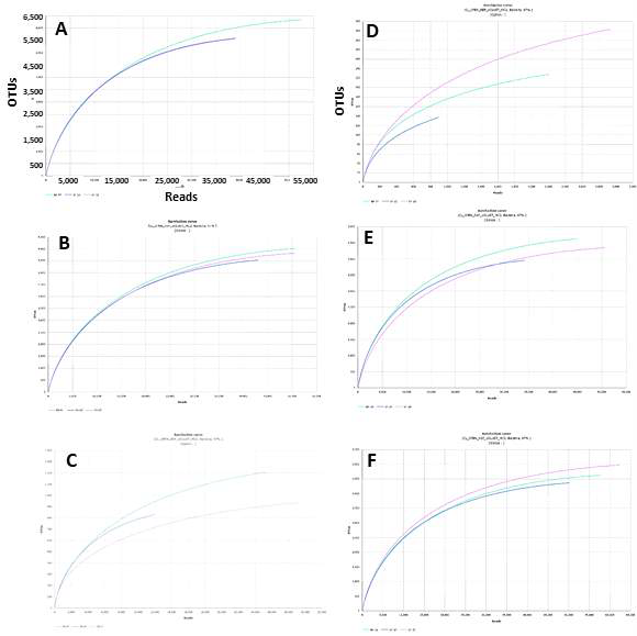 Rarefaction curves for bacterial operational taxonomic units (OTUs) of long-sepal Donggang pasque-flower plant. Rarefaction curves of bulk soil (A, D), rhizosphere (B, E), and endophyte (C, F) in wild and cultivated area, respectively with cut-off value at 97% similarity. The vertical axis indicates the number of OTUs expected after sampling the number of sequences denoted in the horizontal axis