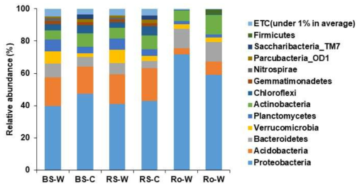 Comparison of bacterial composition and relative abundance at the phylum taxonomic level in bulk soil (Bs), rhizosphere (Rs), and root (Ro) of long-sepal Donggangpasque-flowerplant collected from native (-W) and cultivated (-C) area. A phylum with relative abundances less than 1% are referred as “Others”