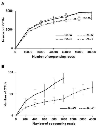 Rarefaction curves for bacterial operational taxonomic units (OTUs) of Ulleung-sanmaneul plant. Rarefaction curves of bulk soil and rhizosphere (A), and endophyte (B) in wild and cultivated area, respectively with cut-off value at 97% similarity. The vertical axis indicates the number of OTUs expected after sampling the number of sequences denoted in the horizontal axis