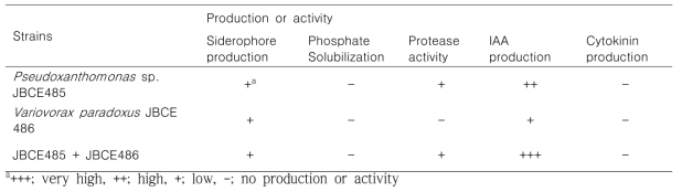 Characteristics related with plant growth promoting activities of Pseudoxanthomonas sp. JBCE485 and Variovorax paradoxus JBCE486