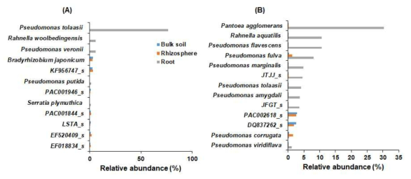 Comparison of relative abundance of bacteria at genus level in bulk soil, rhizosphere, and root of alpine modest primrose plants. The bacterial genera with at least 1% relative abundance in each compartment of wild and cultivated habitats were selected for comparison
