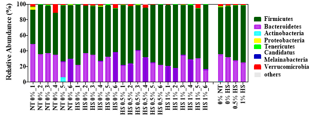 Effects of steam-exploded wood (SEW) supplementation to the chickens kept at either thermoneutral or heat stress on the composition of cecum microflora at Phylum level. The treatments were control diet containing 0% steam-exploded wood (SEW) at thermoneutral temperature (0% NT), control diet with acute heat stress (0% HS), 1% SEW-supplemented diet at acute heat stress (1% HS), and 2% SEW-supplemented diet at acute heat stress (2% HS). The thermoneutral birds were maintained at 21.0 °C while the temperature of the heat-stressed room was raised to 31 °C within the first three hours and then maintained for another three hours that makes the total HS period of six hours