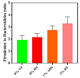 Effects of steam-exploded wood (SEW) supplementation on the Firmicutes to Bacteroidetes ratio in broiler chickens kept at either thermoneutral or heat stress conditions. The treatments were control diet containing 0% steam-exploded wood (SEW) at thermoneutral temperature (0% NT), control diet with acute heat stress (0% HS), 1% SEW-supplemented diet at acute heat stress (1% HS), and 2% SEW-supplemented diet at acute heat stress (2% HS). The thermoneutral birds were maintained at 21.0 °C while the temperature of the heat-stressed room was raised to 31 °C within the first three hours and then maintained for another three hours that makes the total HS period of six hours