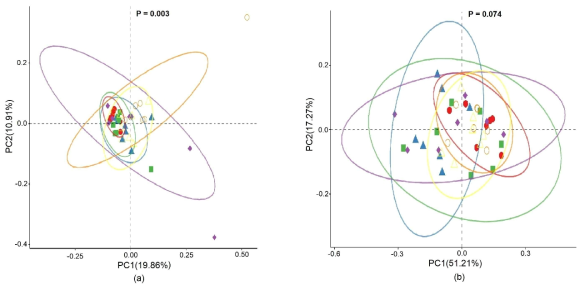 Effects of steam exploded wood water extracts (SEW-WE) on the beta diversity representing (a) Unweighted and (b) Weighted Unifrac distances in the cecum of broilers reared under normal or cyclic heat stress conditions. Chickens were fed with diets containing 0% (control), 0.1%, and 0.4% steam exploded wood water extracts (SEW-WE) from the 8th day to the 35th day of age. From 28th day to the 35th day of age, birds were either kept at thermoneutral temperature (21.0 ℃) or exposed to cyclic heat stress at 31.0 ℃ for six hours daily. Red filled circle; 0% NT, blue filled triangle; 0.1% NT, green filled square; 0.4% NT, purple filled diamond; 0% HS, orange empty circle; 0.1% HS and yellow empty triangle; 0.4% HS. The number of samples (n = 7). Abbreviations: NT, normal temperature; HS, heat stress