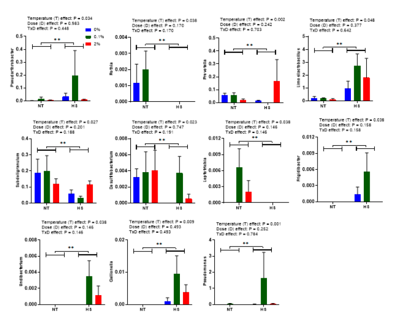 Effects of steam exploded wood water extracts (SEW-WE) on the relative abundance of significantly modified genera showing temperature effect in the cecum of broilers reared under normal or cyclic heat stress conditions. Chickens were fed with diets containing 0% (control), 0.1%, and 0.4% steam exploded wood water extracts (SEW-WE) from the 8th day to the 35th day of age. From 28th day to the 35th day of age, birds were either kept at thermoneutral temperature (21.0 ℃) or exposed to cyclic heat stress at 31.0 ℃ for six hours daily. Data show mean ± SEM (n = 7). Abbreviations: NT, normal temperature; HS, heat stress