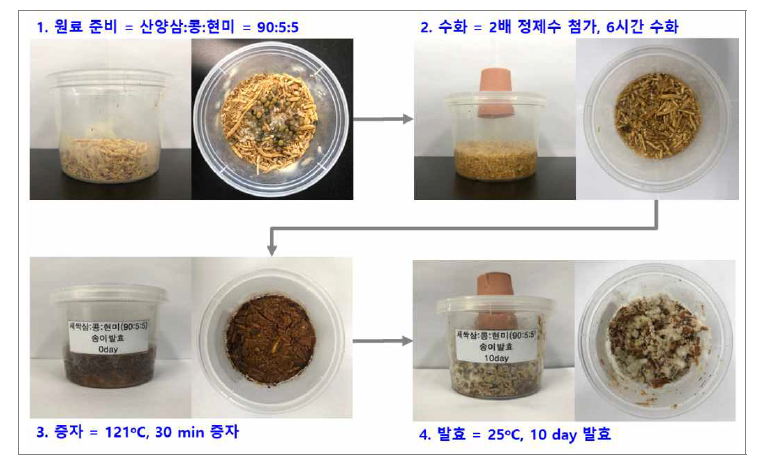 산양삼의 송이버섯 균사체 이용 가공단계별 제조과정.