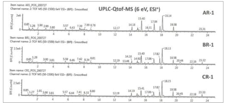 생육연도별(4-6년근) 3종 산양삼 뿌리부위 메탄올 추출물을 UPLC-TOF-mass ESI positive mode로 분석한 대사체 프로파일링 패턴(A: 4년근, B: 5년근, C: 6년근)