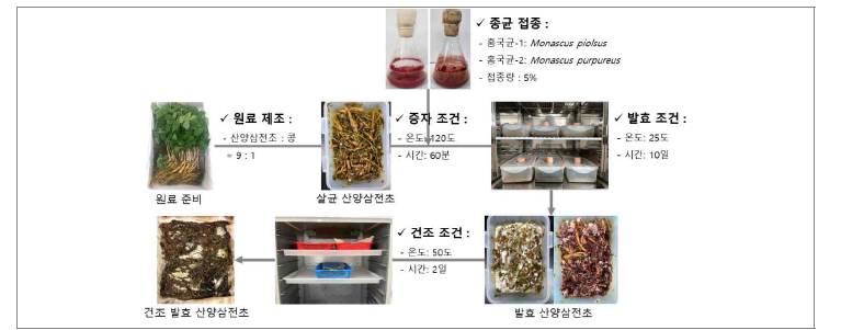 산양삼 전초의 홍국균 이용 가공단계별 제조과정.