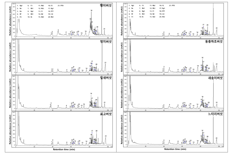 홍국균 이용 산양삼 전초 가공단계별 ginsenoside HPLC 크로마토그램.