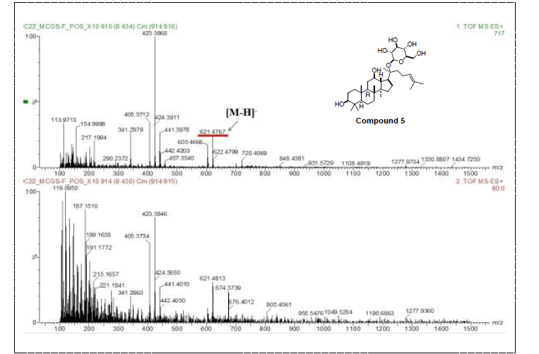 활성산양삼 메탄올 추출물에서 분리한 compound 5 MS, MS/MS data