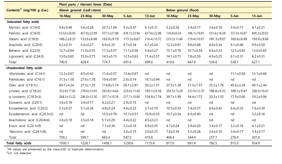 수확 시기별 산양삼(백전면) 지상부와 지하부의 지방산 함량 비교