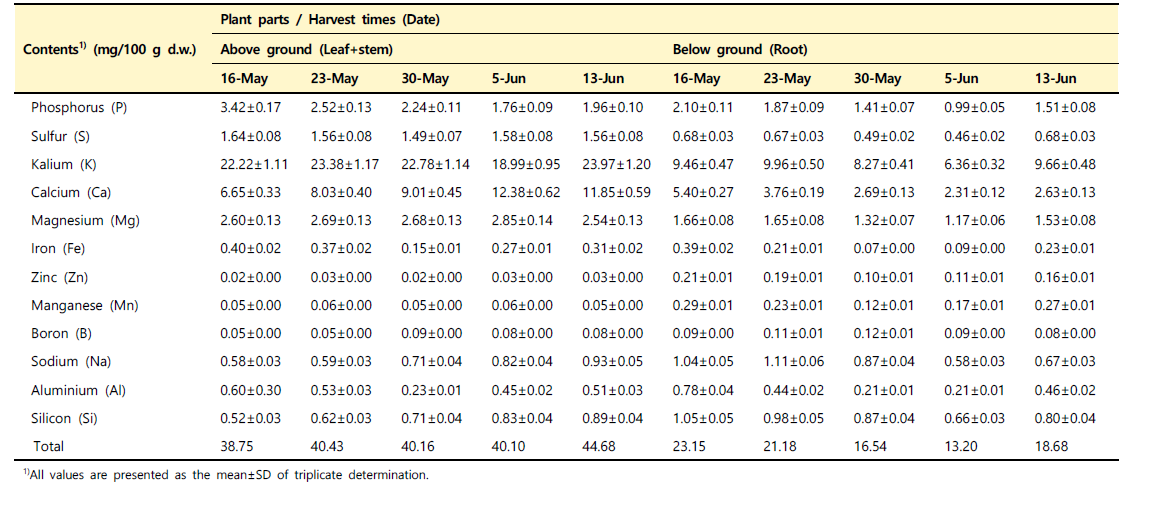 수확 시기별 산양삼(백전면) 지상부와 지하부의 무기질 조성 변화