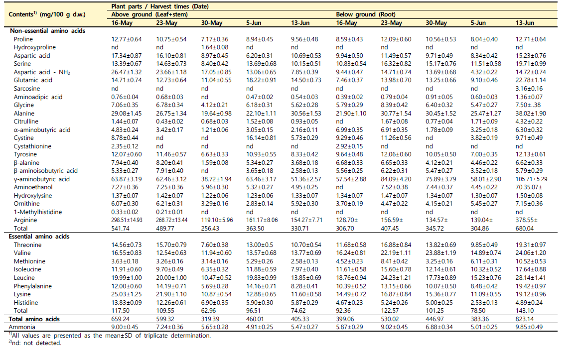 수확 시기별 산양삼(서하면) 지상부와 지하부의 유리 아미노산 조성 변화