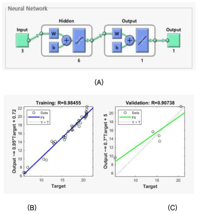 균사체 성장을 위한 플라스크 배양 ANN 구조. X1, 글루코스 농도 (g/L); X2, malt extract 농도 (g/L); X3, peptone 농도 (g/L); (A) ANN structure; Regression plots for (B) training, (C) validation for ANN 모델