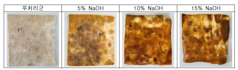 NaOH 용액에 균사체 매트를 침지한 실험 결과