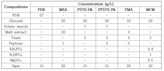 버섯 균사체의 성장 및 밀도 조사를 위한 배지 조성