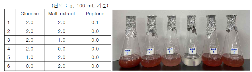 Glucose와 malt extract의 배지 조성 및 접종 후 5일 배양 결과