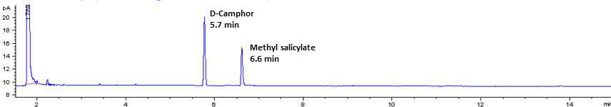Camphor, Methyl salicylate 표준물질의 크로마토그램