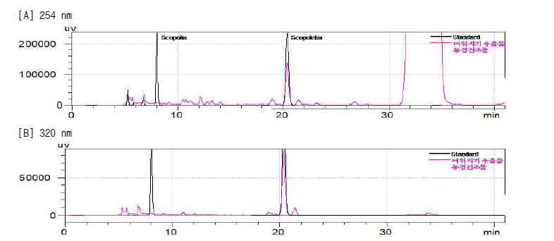 후보 2종 지표성분 표준물질과 더위지기 추출물 동결건조물의 파장별([A]254 nm, [B]320 nm) HPLC chromatogram