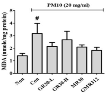 GR30, MR30, GMR312가 쥐의 폐조직에서 PM10에 의해 유도된 지질 과산화에 의한 malondialdehyde (MDA) 생성에 미치는 영향. MDA 농도를 측정하여 마우스의 폐 조직에서 PM10으로 유도된 지질 과산화를 조사함; GR30-L, 200 mg/kg GR30 처리군; GR30-H, 400 mg/kg GR30처리군; MR30, 400 mg/kg MR30처리군; GMR312, GR30 200 mg+MR30 400 mg/kg처리군