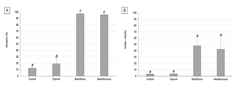 처리 후 10주 경과 시 군체의 상태(평균 ± SD) 모든 흰개미의 수를 측정하기 위해 중앙 서식처, 분화서식처, 플라스틱 튜브를 해체했다. A: 처리 조건별 R. speratus 군체의 사망률; B: 처리 조건별 R. speratus 군체의 병정흰개미 비율 (ANOVA, Tukey post hoc test, α = 0.05)