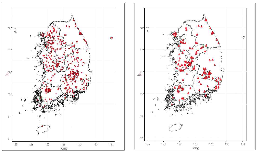 국내 목조문화재 지중 흰개미 피해 현황(좌: 가해흔 확인 / 우: 가해흔 + 개체 서식 확인)