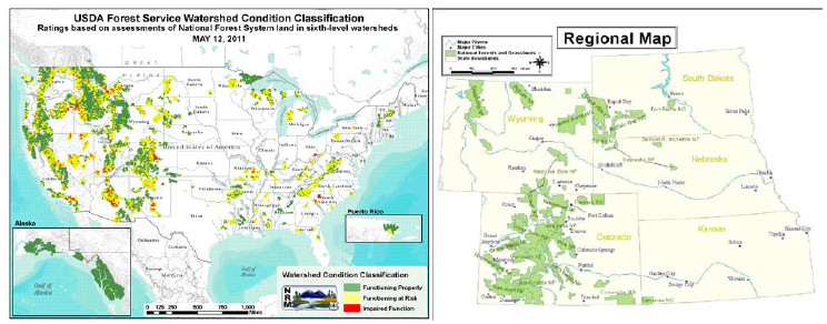 미국 산림청(USDA Forest Service) Farsite : (좌) USDA Forest Service Watershed Condition Classification US MAP (우) Map of USDA Forest Service Region, with National Forests and Grasslands outlined in green