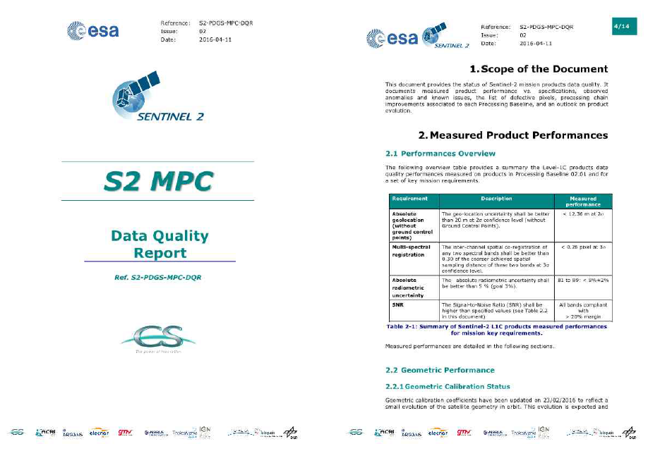 (좌) Sentinel-2 L1C Data Quality Report, (우) 요약 성능 평가 보고